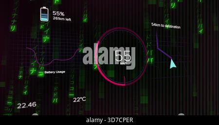 Visualizzazione della lettura del tachimetro centrale 55 km o h sull'HUD, visualizzazione della batteria 55% 261 km, glifi al neon Foto Stock