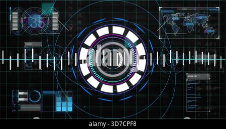 Visualizzazione dell'HUD concentrico centrale che ruota sul cruscotto di controllo, mostrando la barra di spunta e la mappa della forma d'onda Foto Stock