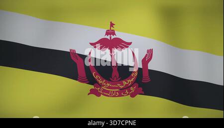 Sventolando la bandiera del Brunei in primo piano che mostra il campo giallo con una striscia diagonale bianco-nero e una cresta rossa Foto Stock