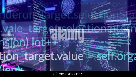 Visualizzazione di pannelli di codice mobili e proiezione di mappe del mondo in una sala di controllo buia, con globo wireframe Foto Stock