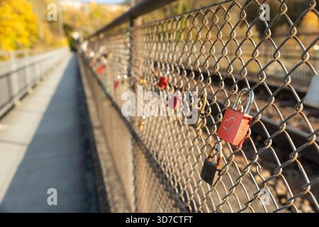 Lucchetto d'amore rosso sulla recinzione del ponte Rheinbruecke bei Laufen in autunno. Schaffhausen, Svizzera. Foto Stock