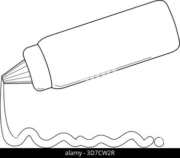 Ketchup che fuoriesce da una bottiglia. Bottiglia e salsa rovesciata di ketchup o senape di pomodoro per la cottura al barbecue. Pagina di colorazione vettoriale in bianco e nero. Illustrazione Vettoriale