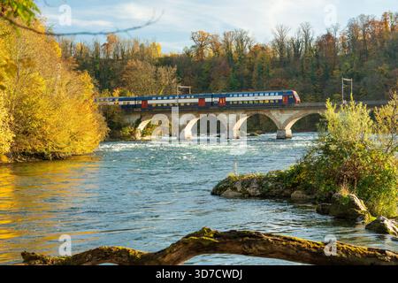 Paesaggio autunnale delle Cascate del Reno. Treno che attraversa il ponte Rheinbruecke bei Laufen. Schaffhausen, Svizzera. Foto Stock