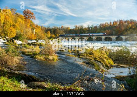 Paesaggio autunnale delle Cascate del Reno. Treno che attraversa il ponte Rheinbruecke bei Laufen. Schaffhausen, Svizzera. Foto Stock