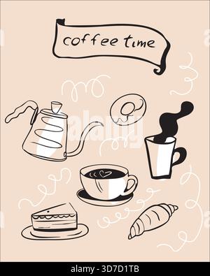 Poster per una caffetteria con un design piatto e illustrazioni d'atmosfera. Una tazza di cappuccino, un croissant e una torta. Illustrazione Vettoriale