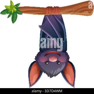 Illustrazione vettoriale di un simpatico pistrello appeso al rovescio, colori vivaci, stile cartone animato, sfondo bianco Illustrazione Vettoriale