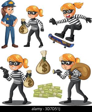 Ladro di cartoni animati con sacchetti di denaro, torcia e agente di polizia in stile colorato vettoriale Illustrazione Vettoriale