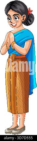 Donna dei cartoni animati in costume tailandese che esegue gesti wai, colori brillanti, illustrazione vettoriale pulita Illustrazione Vettoriale