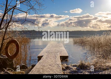 Un pontile in legno innevato sul Mar Baltico circondato da erba secca, che mostra la purezza, la calma e la bellezza ecologica della coasta settentrionale Foto Stock