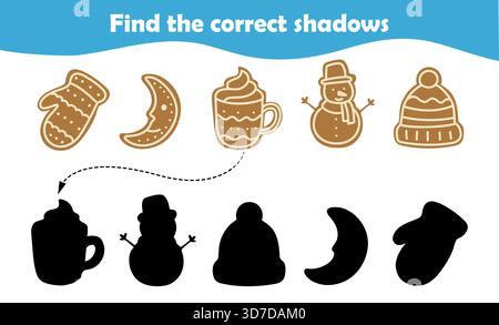 I bambini si impegnano in un'attività ludica per abbinare le forme e le ombre delle festività natalizie, con articoli invernali come guanti, pupazzi di neve e bevande accoglienti. Questo Illustrazione Vettoriale