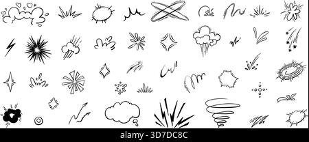 Set vettoriale di espressioni cartooniche disegnate a mano, frecce direzionali curve, elementi di design degli effetti emoticon, simbolo di emozione dei personaggi dei cartoni animati Illustrazione Vettoriale