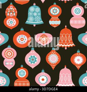 Grazioso motivo invernale vettoriale senza cuciture con ornamenti natalizi nei colori rosa, blu e rosso per sfondi e inviti Illustrazione Vettoriale