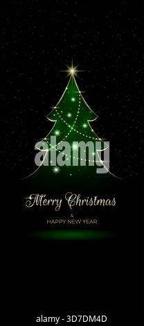 buon natale e felice anno nuovo carta da parati, biglietto di auguri. Albero di Natale, luci, decorazione dorata. Design per invito, sfondo. Oro brillante. Illustrazione Vettoriale