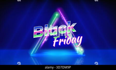 Poster dell'offerta neon del Black friday. Offerta speciale. Cornice triangolare neon. Sfondo blu del palcoscenico. Concetto del Black friday, pubblicità. Vendita, promozione Illustrazione Vettoriale