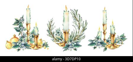 Candele accese con rami di pino, bacche di neve, biglie dorate e luci scintillanti. Illustrazione ad acquerello disegnata a mano. Una serie di Natale, New Foto Stock