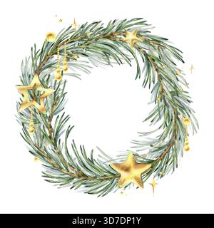 Una corona natalizia di rami di pino e stelle d'oro, perle, ciondoli e glitter. Illustrazione ad acquerello disegnata a mano. Cornice curva, modello di testo Foto Stock