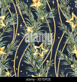 Un motivo senza cuciture con rami di pino, stelle dorate e perline. Ghirlande verticali su sfondo scuro. Illustrazione ad acquerello disegnata a mano. Adatto per Foto Stock