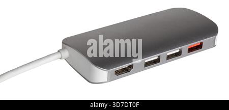 Dispositivo che, quando collegato a un computer o laptop, consente il trasferimento di dati e foto da schede e il collegamento a reti e dispositivi isolati su Foto Stock