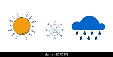 Set di oggetti per scarabocchi 2D dalle condizioni climatiche minimaliste Illustrazione Vettoriale