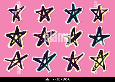 Set colorato di Grunge Charcoal e Pencil Pentagram Collection. Stelle di adesivi retrò disegnate a mano con linee a pennello testurizzate. Stregoneria Illustrazione Vettoriale