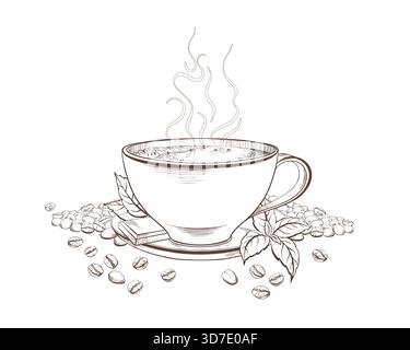 Ampia tazza di caffè fumante con chicchi sparsi, foglie di menta e barretta di cioccolato. Grafica a inchiostro disegnata a mano in stile semplice come modello per caffè, menu Illustrazione Vettoriale