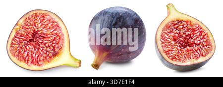 Fichi isolati su bianco. Ripe Fresh fig Half Clipping Path. Raccolta di fichi Foto Stock