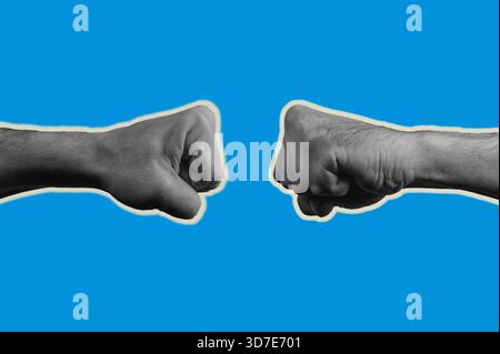 Uomo che fa pugno. Mano umana in stile pop art. Collage a pugno con mezzitoni retrò. Concetto di lotta Foto Stock