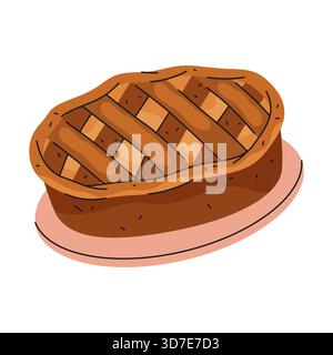 Icona torta di mele vettoriale. Dessert americano alla frutta al forno. Pasticceria autunnale per il Ringraziamento o dolci tradizionali da forno per famiglie. Torta fatta in casa per le vacanze o le festività. Ricetta nutrizionale vegetariana Illustrazione Vettoriale