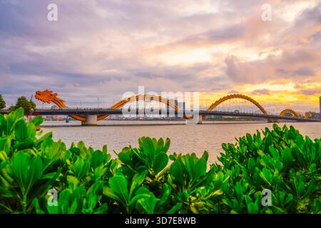 Ammira il ponte del Drago al tramonto, in serata, le splendide nuvole con una calda tinta con foglie verdi e arbusti in primo piano. Foto Stock