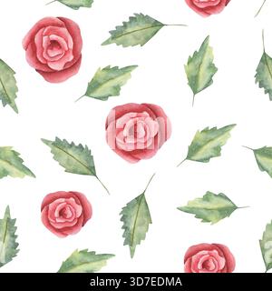 Motivo acquerello senza cuciture con rose su sfondo bianco, aquarelle. Illustrazione disegnata a mano. Sfondo floreale originale. Per gli inviti Foto Stock