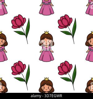 Motivo vettoriale senza cuciture con graziose principesse cartoni animati in abiti rosa e fiori magenta in fiore con steli verdi. Illustrazione Vettoriale