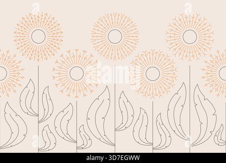 Linea minimalista beige dalle forme astratte di dente di leone. Motivo botanico senza cuciture con fiori soffici. Sfondo vettoriale semplice. Illustrazione Vettoriale