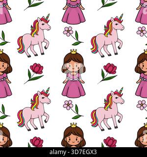 Adorabile motivo vettoriale senza cuciture caratterizzato da simpatiche principesse cartoni animati, magici unicorni e delicati fiori con un'estetica stravagante e giocosa. Illustrazione Vettoriale
