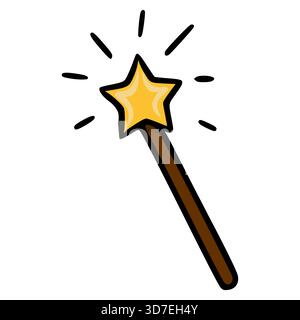 Stravagante immagine vettoriale di una bacchetta magica con stella dorata illuminata, irradia luce su uno sfondo bianco e pulito. Illustrazione Vettoriale