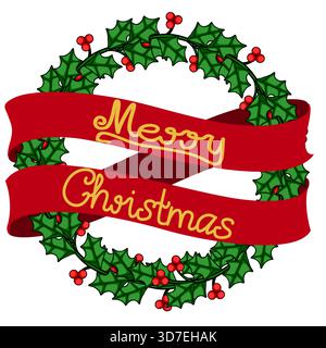 Immagine vettoriale festiva di una ghirlanda con un banner rosso a nastro che mostra "buon Natale" in una scritta dorata. Illustrazione Vettoriale