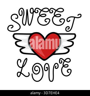 Affascinante illustrazione vettoriale di un cuore rosso con ali bianche stilizzate, incorniciata dal testo decorativo "SWEET LOVE" in nero. Illustrazione Vettoriale