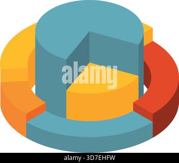 Un grafico a torta viene visualizzato in diversi colori, con sezioni blu, giallo e rosso. Il grafico a torta è diviso in tre sezioni, con la sezione blu bei Illustrazione Vettoriale