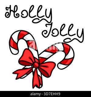 Stravagante illustrazione vettoriale di due canne di caramelle intrecciate adornate da un fiocco rosso festoso, accompagnate dalla frase scritta a mano "Holly Jolly". Illustrazione Vettoriale