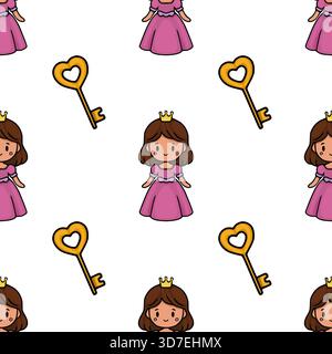 Adorabile principessa dei cartoni animati con chiave dorata a forma di cuore, motivo vettoriale senza cuciture per i disegni dei bambini. Illustrazione Vettoriale