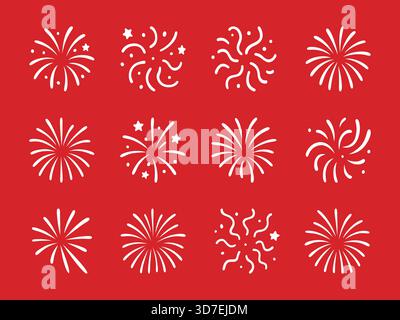 Collezione di fuochi d'artificio disegnati a mano su sfondo rosso. Perfetto per i festeggiamenti Illustrazione Vettoriale