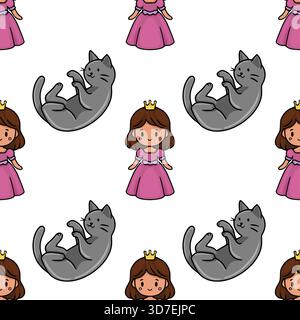 Adorabile motivo vettoriale senza cuciture con una principessa carina con una corona e un gatto grigio giocoso su sfondo bianco, perfetto per i temi dei bambini. Illustrazione Vettoriale