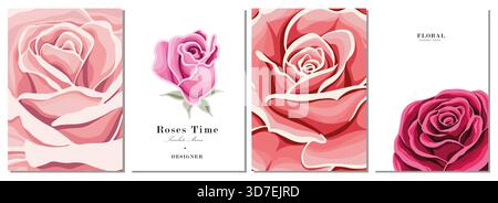 Banner con design del modello Roses. Illustrazione del vettore delle rose floreali. Rosa rosa per il design di matrimoni. Illustrazione Vettoriale