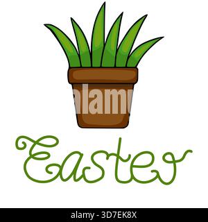 Immagine vettoriale festosa di una pianta in vaso con foglie verdi lussureggianti e la parola "Pasqua" scritta in verde decorativo, perfetta per il cele primaverile Illustrazione Vettoriale