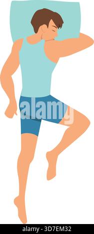 Un uomo dorme su un letto con un cuscino blu. Indossa pantaloncini blu e una canotta blu Illustrazione Vettoriale