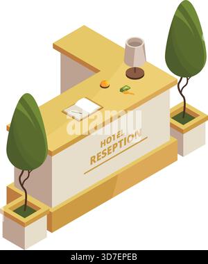 Un banco di ricevimento dell'hotel con una lampada e una pianta in vaso. Il banco e' bianco e ha un cartello che dice che c'e' il ricevimento dell'hotel Illustrazione Vettoriale