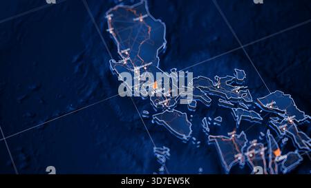 Manila mappa visualizzazione dei big data. Infografica futuristica sulla mappa della città nelle Filippine. Complessità dei dati delle mappe visive nei moderni colori blu e arancione Foto Stock