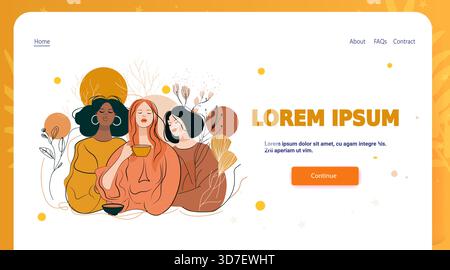 Donne amicizia relax tè natura piante astratte gruppo diversificato colori caldi pagina web moderna Illustrazione Vettoriale