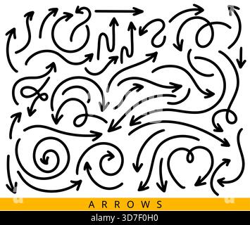 Impostare le frecce curve. Frecce dei marcatori della linea di raccolta in direzioni diverse. Pennello curvo e ondulato. Illustrazione vettoriale. Illustrazione Vettoriale