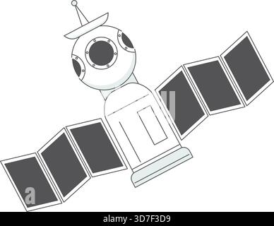 Un disegno in bianco e nero di un satellite con una parte superiore bianca Illustrazione Vettoriale
