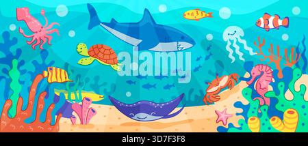 Animali marini sottomarini, fondali marini con pesci carini, vita marina per sfondo vettoriale oceanico. Illustrazione tropicale con squalo e tartaruga, corallo e. Illustrazione Vettoriale